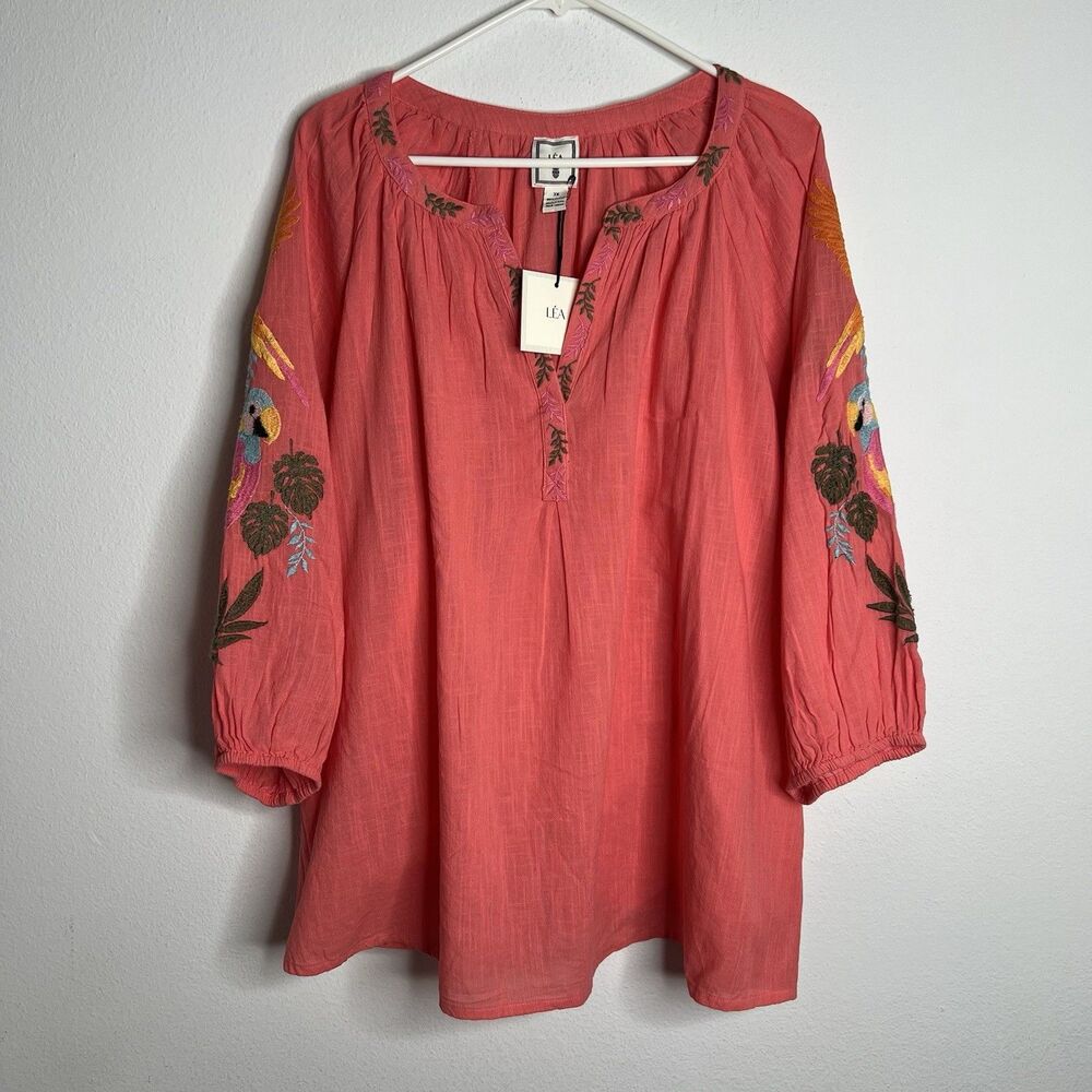Lea Womens Blouse Pink Embroidered V Neck Pullover Size 3X
